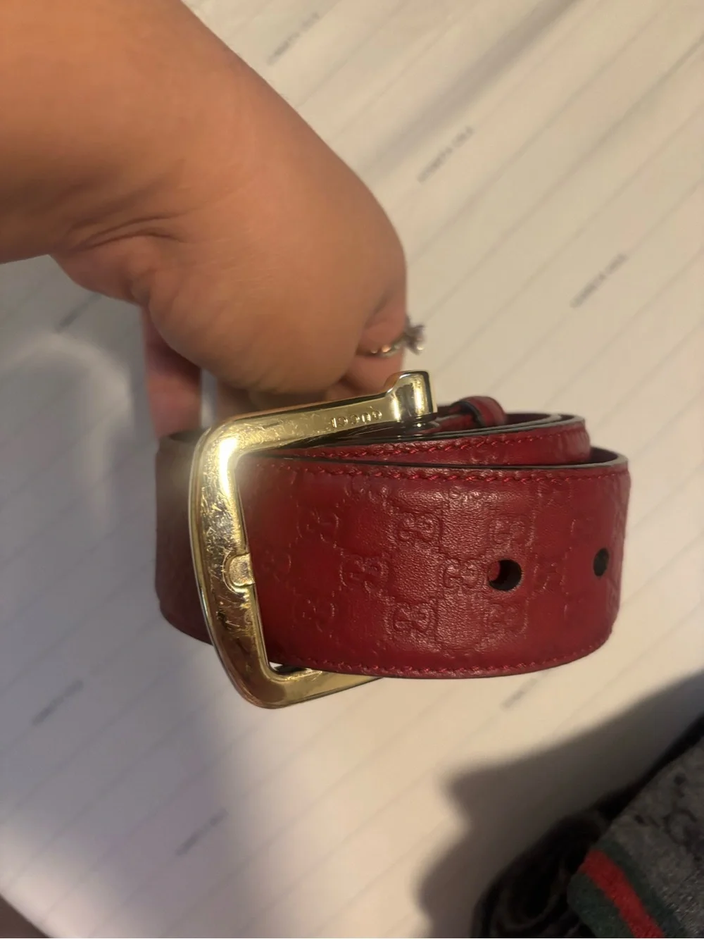 Gucci Red Embossed Leather Belt with Gold Buckle